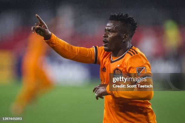 Darwin Quintero of Houston Dynamo reacts to a play against D.C. United during the first half of the MLS game at Audi Field on May 7, 2022 in...