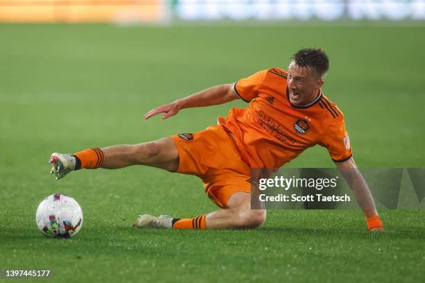 Griffin Dorsey of Houston Dynamo in action against D.C. United during the first half of the MLS game at Audi Field on May 7, 2022 in Washington, DC.