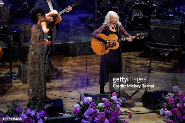 Allison Russell and Emmylou Harris perform onstage for Naomi Judd: 'A River Of Time' Celebration at Ryman Auditorium on May 15, 2022 in Nashville,...