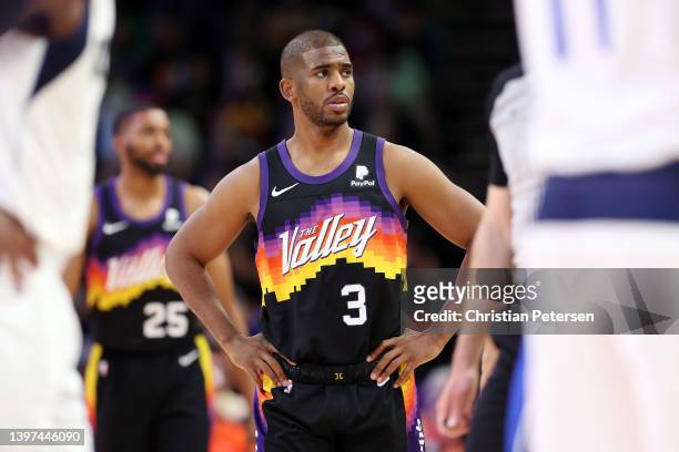 Chris Paul of the Phoenix Suns reacts during the third quarter against the Dallas Mavericks in Game Seven of the 2022 NBA Playoffs Western Conference...