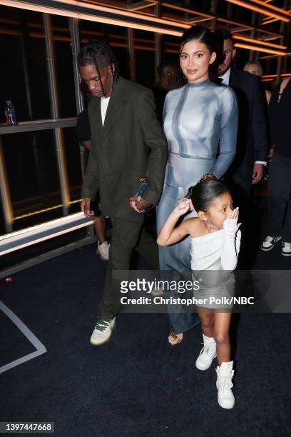 May 15: 2022 BILLBOARD MUSIC AWARDS -- Pictured: Travis Scott, Kylie Jenner, and Stormi Webster backstage during the 2022 Billboard Music Awards held...