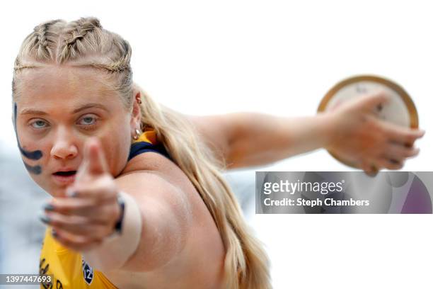 Amelia Flynt of California competes in the women's discus during the Pac-12 Track & Field Championship at Hayward Field at Hayward Field on May 15,...
