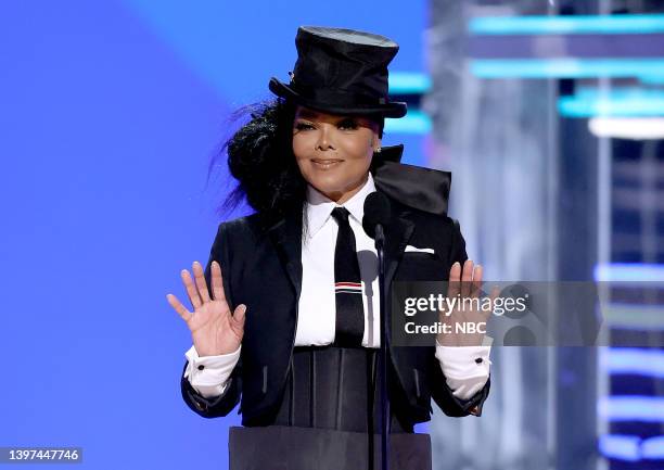 May 15: 2022 BILLBOARD MUSIC AWARDS -- Pictured: Janet Jackson speaks on stage during the 2022 Billboard Music Awards held at the MGM Grand Garden...