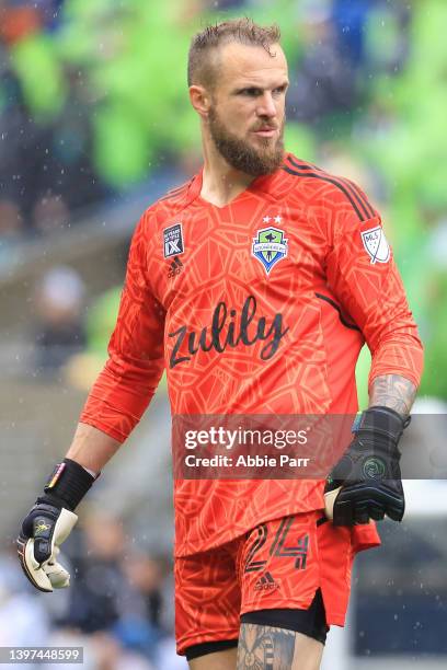 Stefan Frei of Seattle Sounders looks on against Minnesota United during the first half at Lumen Field on May 15, 2022 in Seattle, Washington.