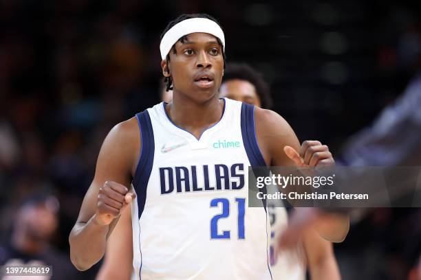 Frank Ntilikina of the Dallas Mavericks reacts during the fourth quarter against the Phoenix Suns in Game Seven of the 2022 NBA Playoffs Western...