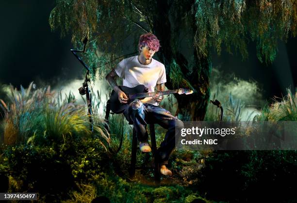 May 15: 2022 BILLBOARD MUSIC AWARDS -- Pictured: Machine Gun Kelly performs on stage during the 2022 Billboard Music Awards held at the MGM Grand...