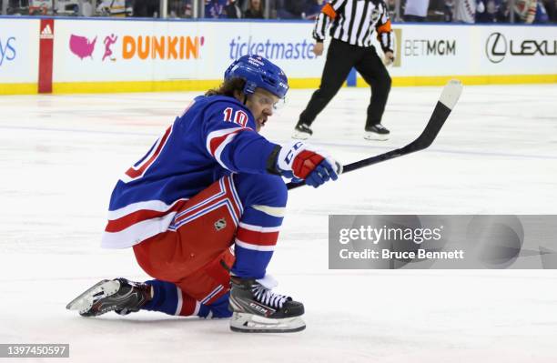 Artemi Panarin of the New York Rangers celebrates his game winning overtime goal against the Pittsburgh Penguins in Game Seven of the First Round of...