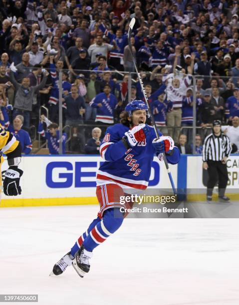 Artemi Panarin of the New York Rangers celebrates his game winning overtime goal against the Pittsburgh Penguins in Game Seven of the First Round of...