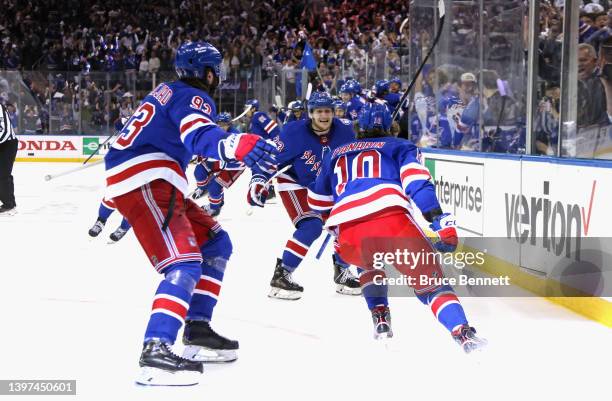 Artemi Panarin of the New York Rangers celebrates his game winning overtime goal against the Pittsburgh Penguins in Game Seven of the First Round of...