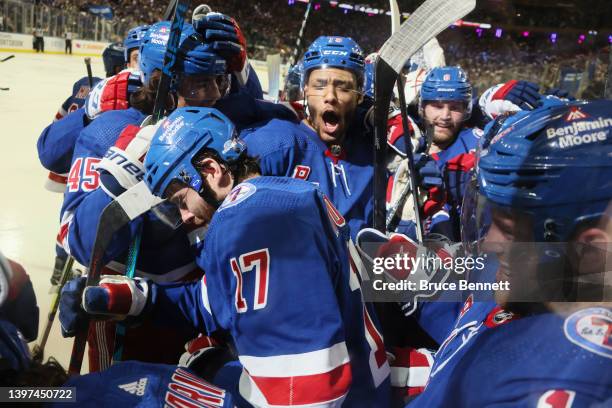 Artemi Panarin of the New York Rangers celebrates his game winning overtime goal against the Pittsburgh Penguins in Game Seven of the First Round of...