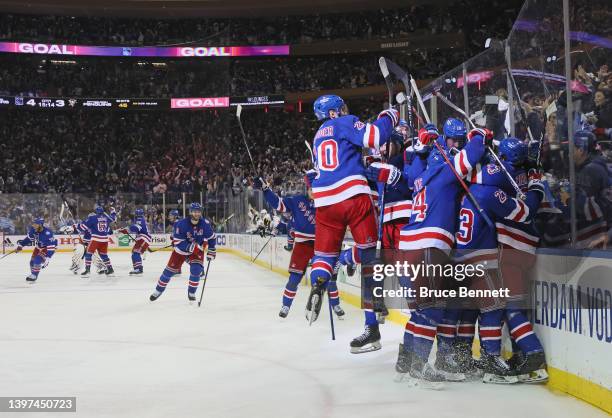 Artemi Panarin of the New York Rangers celebrates his game winning overtime goal against the Pittsburgh Penguins in Game Seven of the First Round of...
