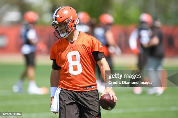 Jake Fromm of the Cleveland Browns runs a drill during the first day of Cleveland Browns rookie mini camp at CrossCountry Mortgage Campus on May 13,...