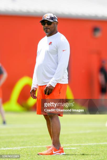 Defensive coordinator Joe Woods of the Cleveland Browns looks on during the first day of Cleveland Browns rookie mini camp at CrossCountry Mortgage...