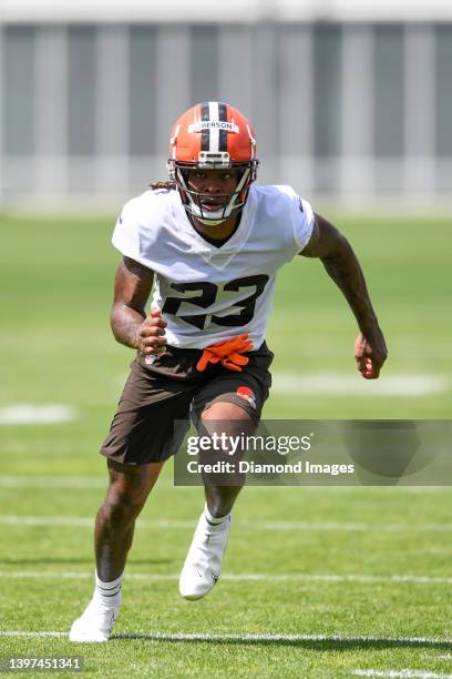 Martin Emerson Jr. #23 of the Cleveland Browns runs a drill during the first day of Cleveland Browns rookie mini camp at CrossCountry Mortgage Campus...