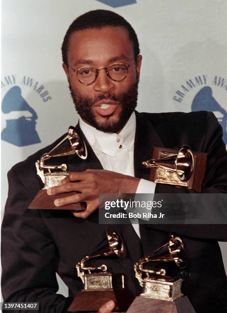 Grammy Winner Bobby McFerrin backstage at the Grammy Awards Show, February 22, 1989 at Shrine Auditorium in Los Angeles, California.