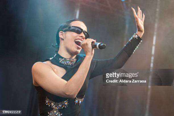 Singer Chanel performs on stage in her first appearance after Eurovision at San Isidro Festivities at Plaza Mayor on May 15, 2022 in Madrid, Spain.
