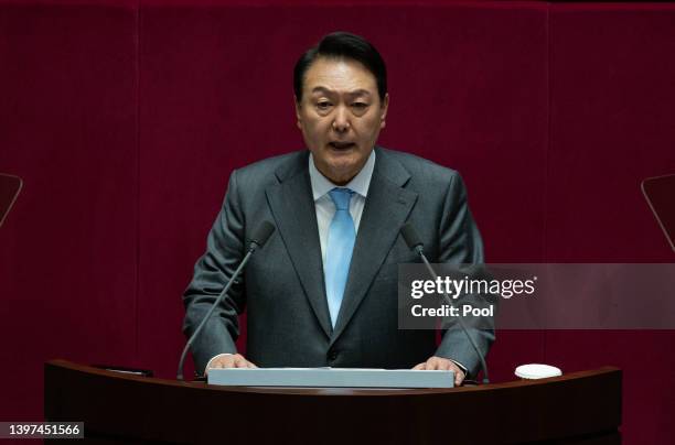 South Korean President Yoon Suk-yeol speaks on the government supplementary budget at the National Assembly on May 16, 2022 in Seoul, South Korea....