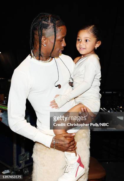 May 15: 2022 BILLBOARD MUSIC AWARDS -- Pictured: Travis Scott and Stormi Webster backstage during the 2022 Billboard Music Awards held at the MGM...