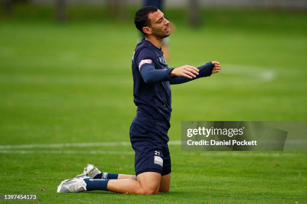 Roderick Miranda of the Victory reacts during a Melbourne Victory A-League Mens training session at Gosch's Paddock on May 16, 2022 in Melbourne,...