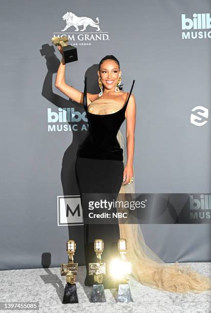 May 15: 2022 BILLBOARD MUSIC AWARDS -- Pictured: Doja Cat poses in the backstage press room during the 2022 Billboard Music Awards held at the MGM...