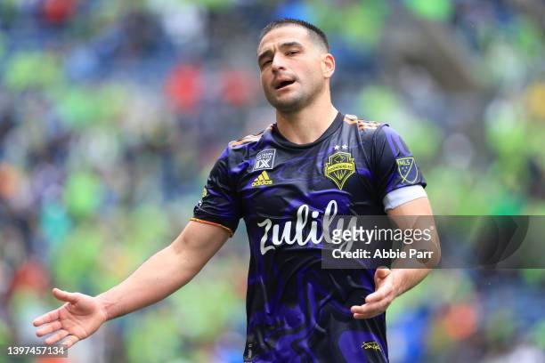Nicolás Lodeiro of Seattle Sounders reacts against Minnesota United during the second half at Lumen Field on May 15, 2022 in Seattle, Washington.