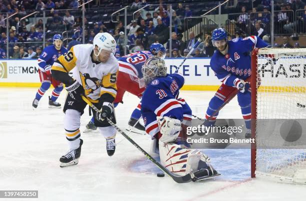 Igor Shesterkin of the New York Rangers makes the second period save on Jake Guentzel of the Pittsburgh Penguins in Game Seven of the First Round of...