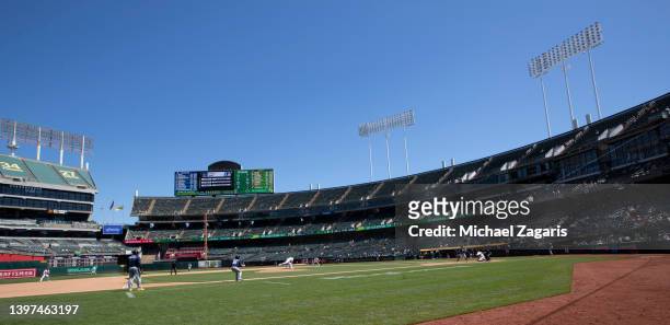 View of RingCentral Coliseum during the game between the Oakland Athletics and the Tampa Bay Rays at RingCentral Coliseum on May 4, 2022 in Oakland,...