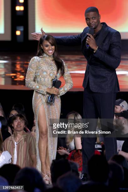 Deborah Cox and Chris Bosh speak onstage during the 2022 JUNO Awards Broadcast at Budweiser Stage on May 15, 2022 in Toronto, Ontario.