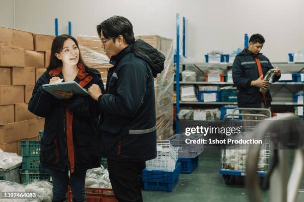 cold storage worker checking their stock, picking products. - cold storage room stock pictures, royalty-free photos & images