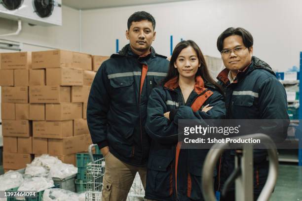 cold storage teamwork, portrait. - cold storage room stock pictures, royalty-free photos & images