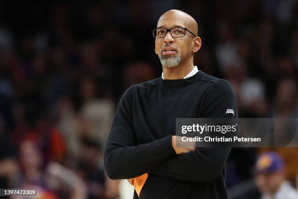 Head coach Monty Williams of the Phoenix Suns reacts during the first half of Game Seven of the Western Conference Second Round NBA Playoffs at...