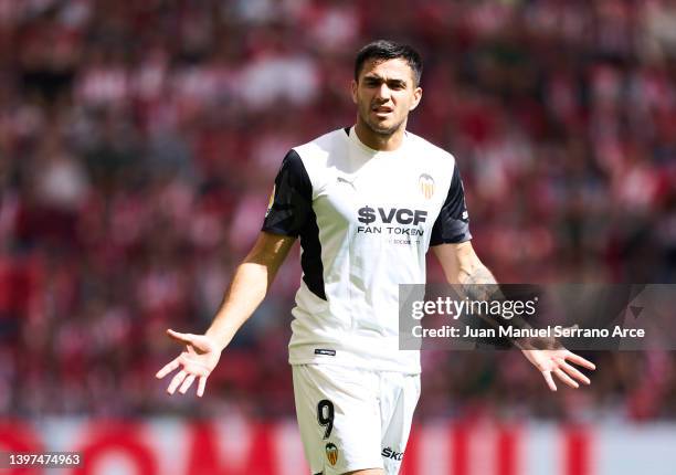 Maxi Gomez of Valencia CF reacts during the La Liga Santander match between Athletic Club and Valencia CF at San Mames Stadium on May 07, 2022 in...