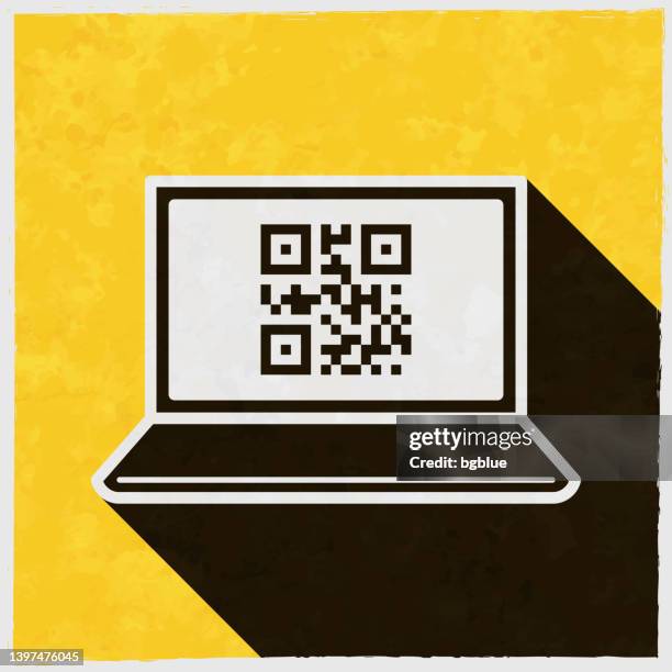 laptop with qr code. icon with long shadow on textured yellow background - handheld barcode scanner stock illustrations