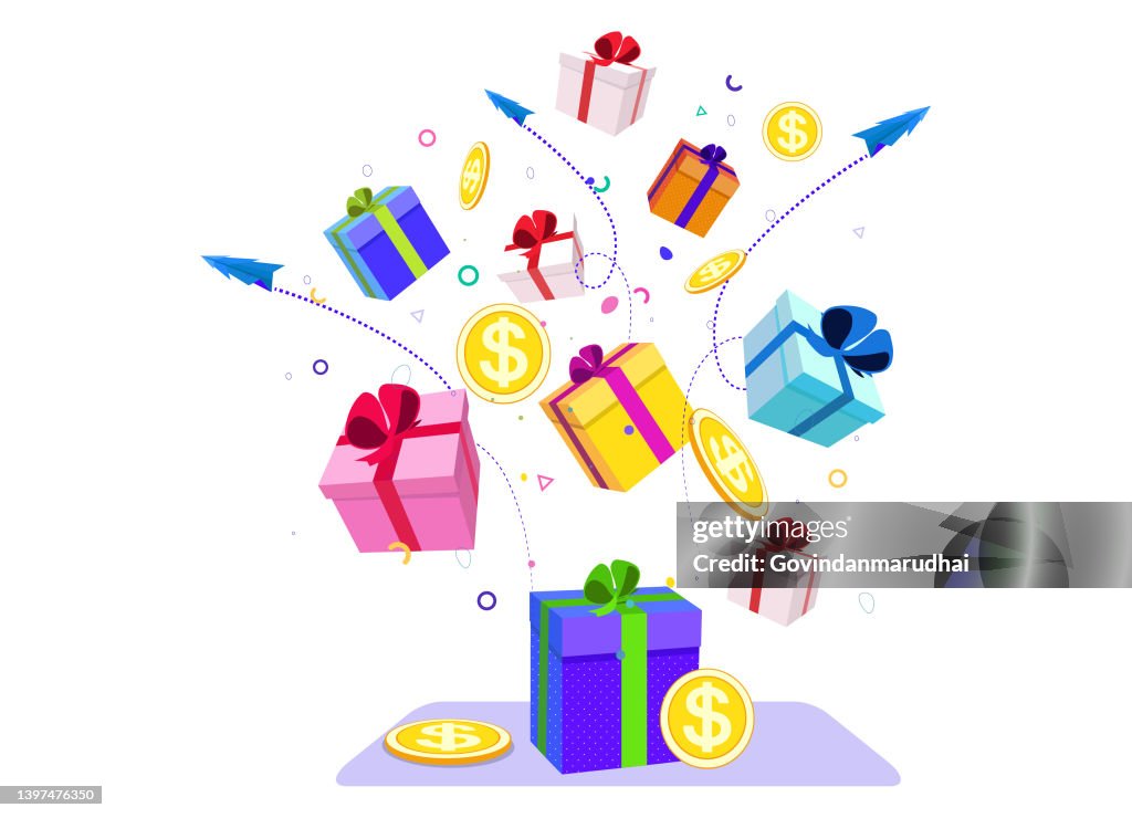 Grand design de bannière de réduction avec phrase de vente dorée 3D sur fond violet avec boîte cadeau,