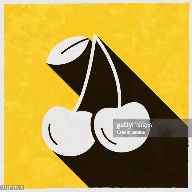 cherry. icon with long shadow on textured yellow background - raw materials icon stock illustrations