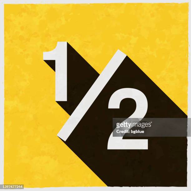 stockillustraties, clipart, cartoons en iconen met 1 out of 2 - one half. icon with long shadow on textured yellow background - halved