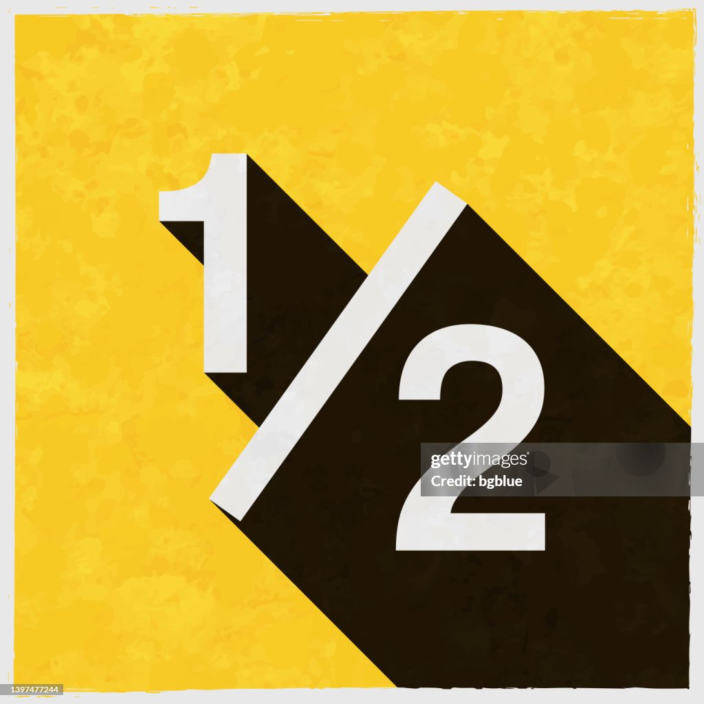 1 out of 2 - One half. Icon with long shadow on textured yellow background