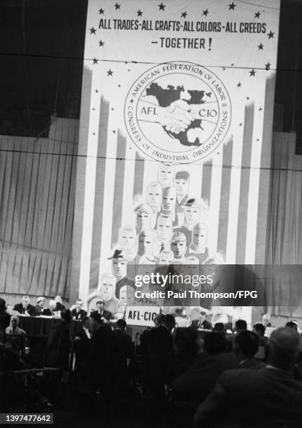 General view of delegates attending the AFL - CIO merger convention, held at the 71st Regiment Armory in New York City, New York, December 1955. The...