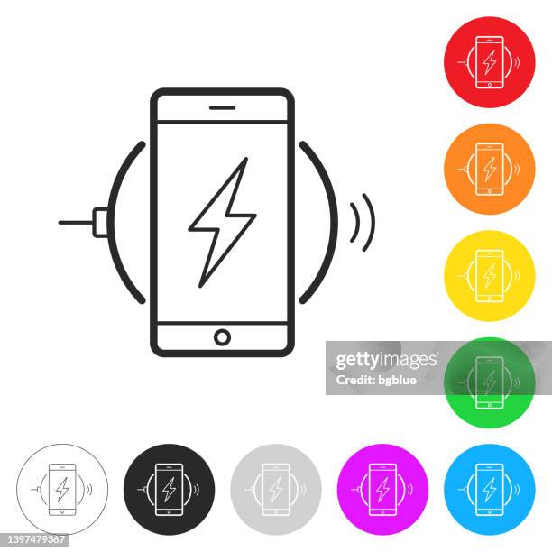 smartphone charging on wireless charger. icon on colorful buttons - wireless charging stock illustrations