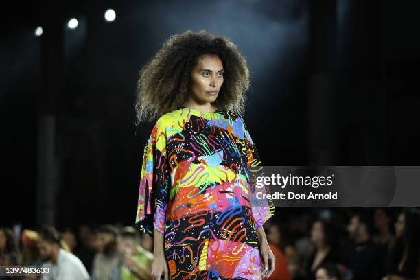 Model walks the runway during the First Nations Fashion + Design show during Afterpay Australian Fashion Week 2022 Resort '23 Collections at...