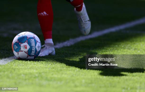 The match ball is seen during the Second Bundesliga match between FC Hansa Rostock and Hamburger SV at Ostseestadion on May 15, 2022 in Rostock,...