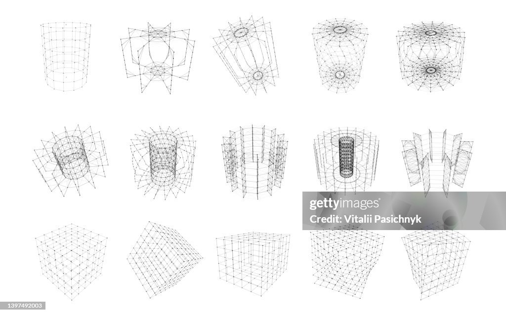 Connection Shapes Set Of Wireframe Geometric Shapes With Connected Lines And Dots ...