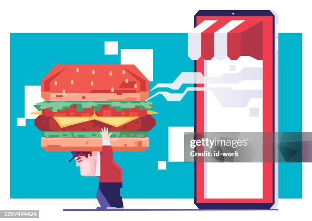 illustrazioni stock, clip art, cartoni animati e icone di tendenza di corriere che consegna big burger sul negozio online dello smartphone - funny burger vector