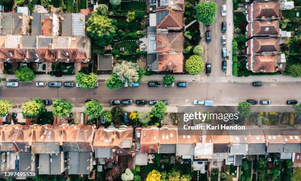 an aerial view of suburban streets in north london, uk - suburban street stock pictures, royalty-free photos & images
