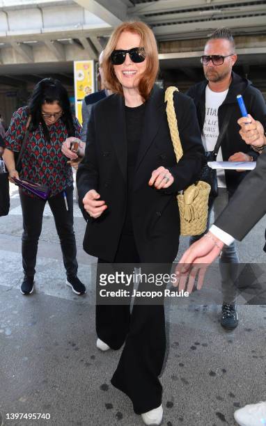 Julianne Moore seen arriving ahead of the 75th annual Cannes Film Festival at Nice Airport on May 16, 2022 in Nice, France.