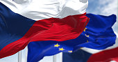 Detail of the national flag of Czech Republic waving in the wind with blurred european union flag