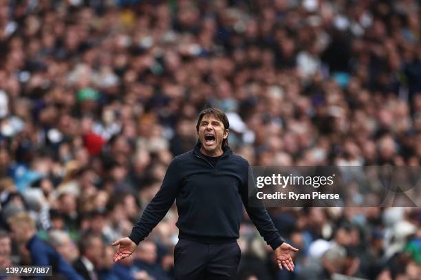 Antonio Conte, Manager of Tottenham Hotspur reacts during the Premier League match between Tottenham Hotspur and Burnley at Tottenham Hotspur Stadium...