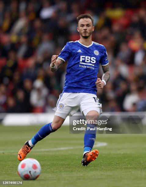 James Maddison of Leicester City passes the ball during the Premier League match between Watford and Leicester City at Vicarage Road on May 15, 2022...