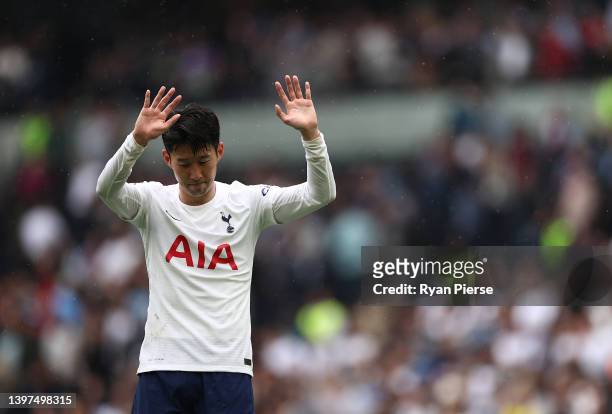 Heung-Min Son of Tottenham Hotspur thanks fans after the Premier League match between Tottenham Hotspur and Burnley at Tottenham Hotspur Stadium on...