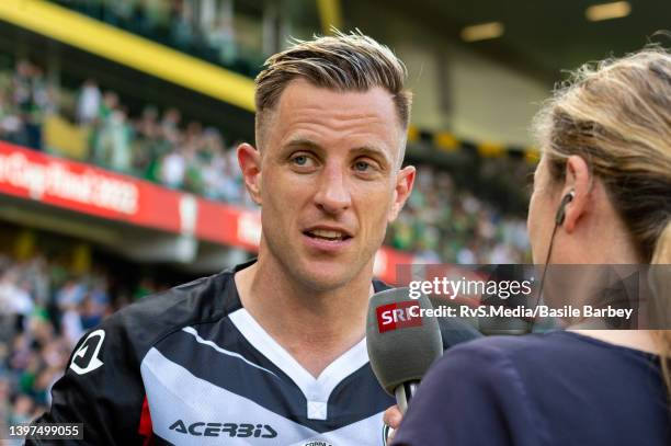 Reto Ziegler of FC Lugano gives an interview after the Swiss Cup Final match between FC Lugano v FC St. Gallen 1879 at Wankdorf Stadion on May 15,...